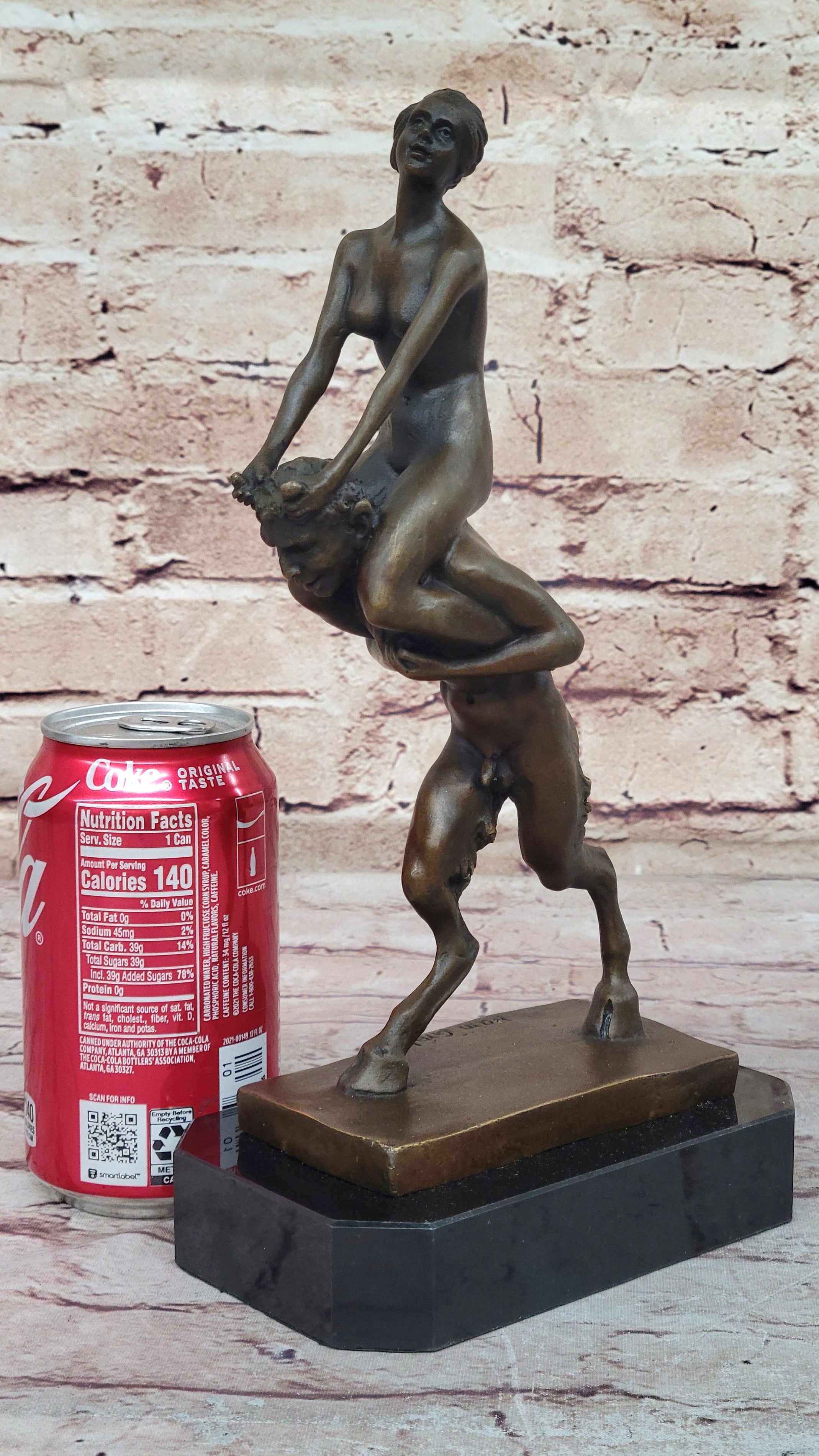 Nude Female Figure on Shoulders of a Satyr Fawn Mythological Bronze Sculpture
