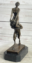Bronze Erotic Nude Nymph Girl and Satyr Fawn Faun Sculpture Statue on Marble Base