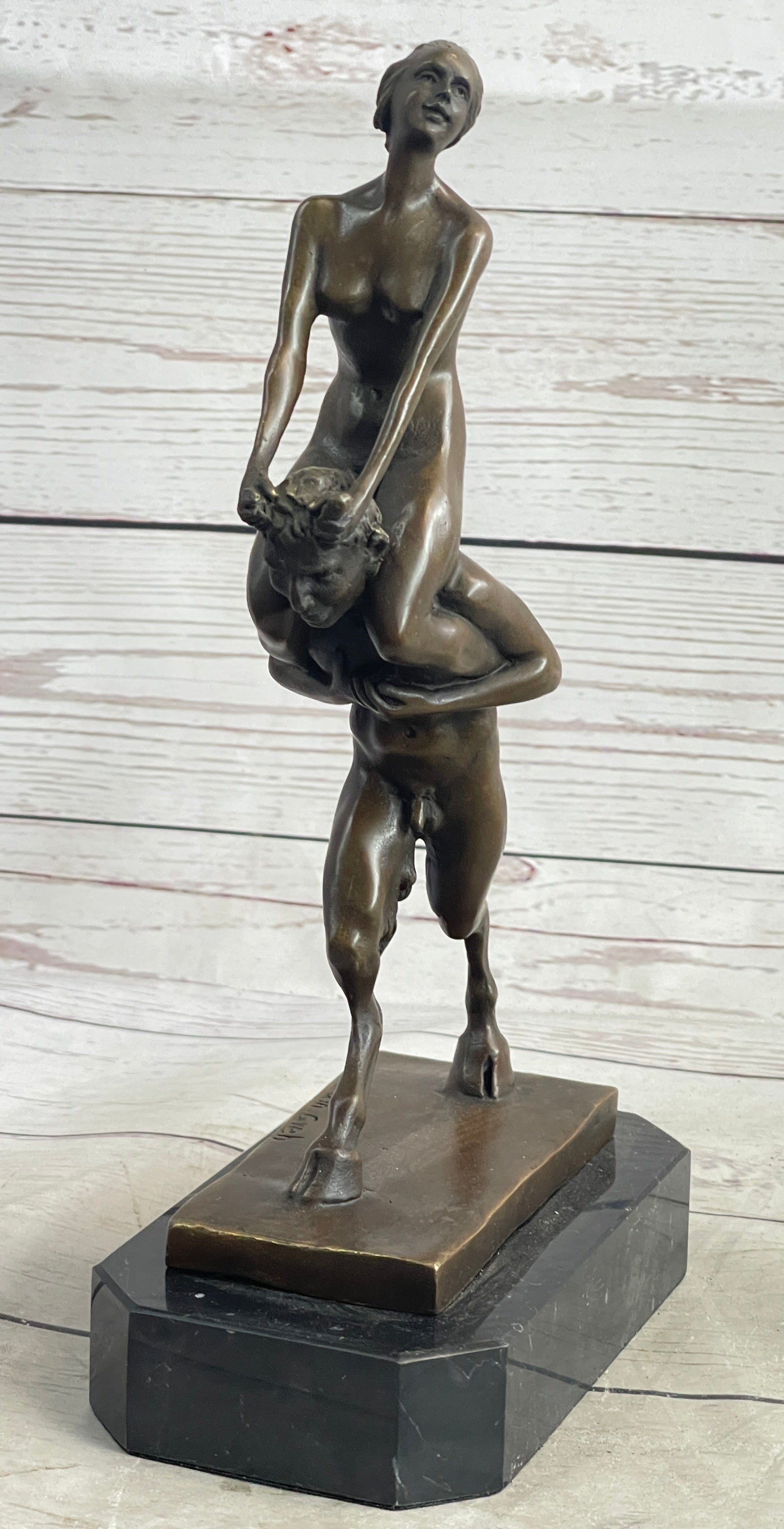 Bronze Erotic Nude Nymph Girl and Satyr Fawn Faun Sculpture Statue on Marble Base