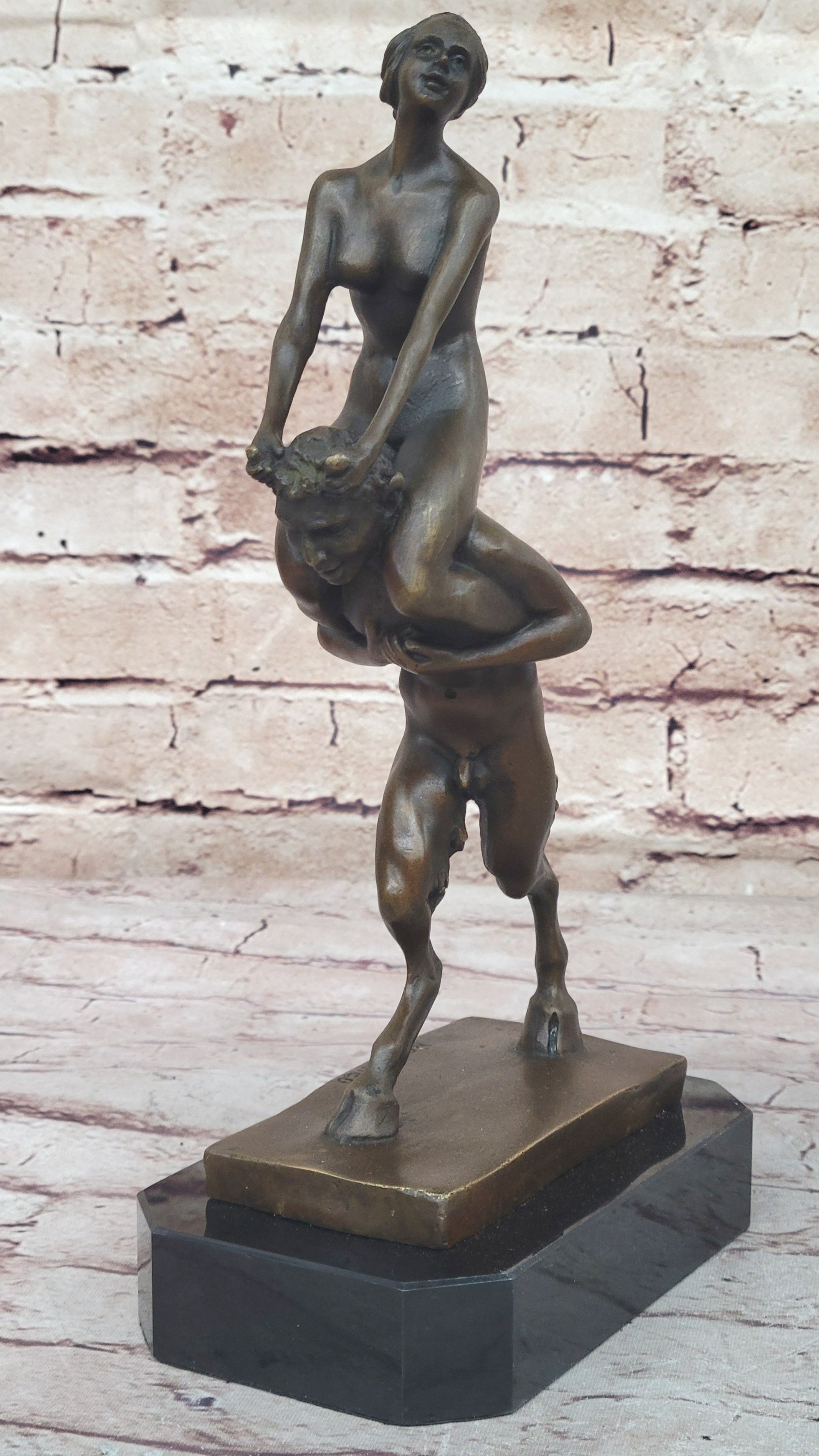 Nude Female Figure on Shoulders of a Satyr Fawn Mythological Bronze Sculpture