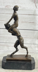 Bronze Erotic Nude Nymph Girl and Satyr Fawn Faun Sculpture Statue on Marble Base