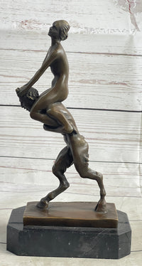 Bronze Erotic Nude Nymph Girl and Satyr Fawn Faun Sculpture Statue on Marble Base