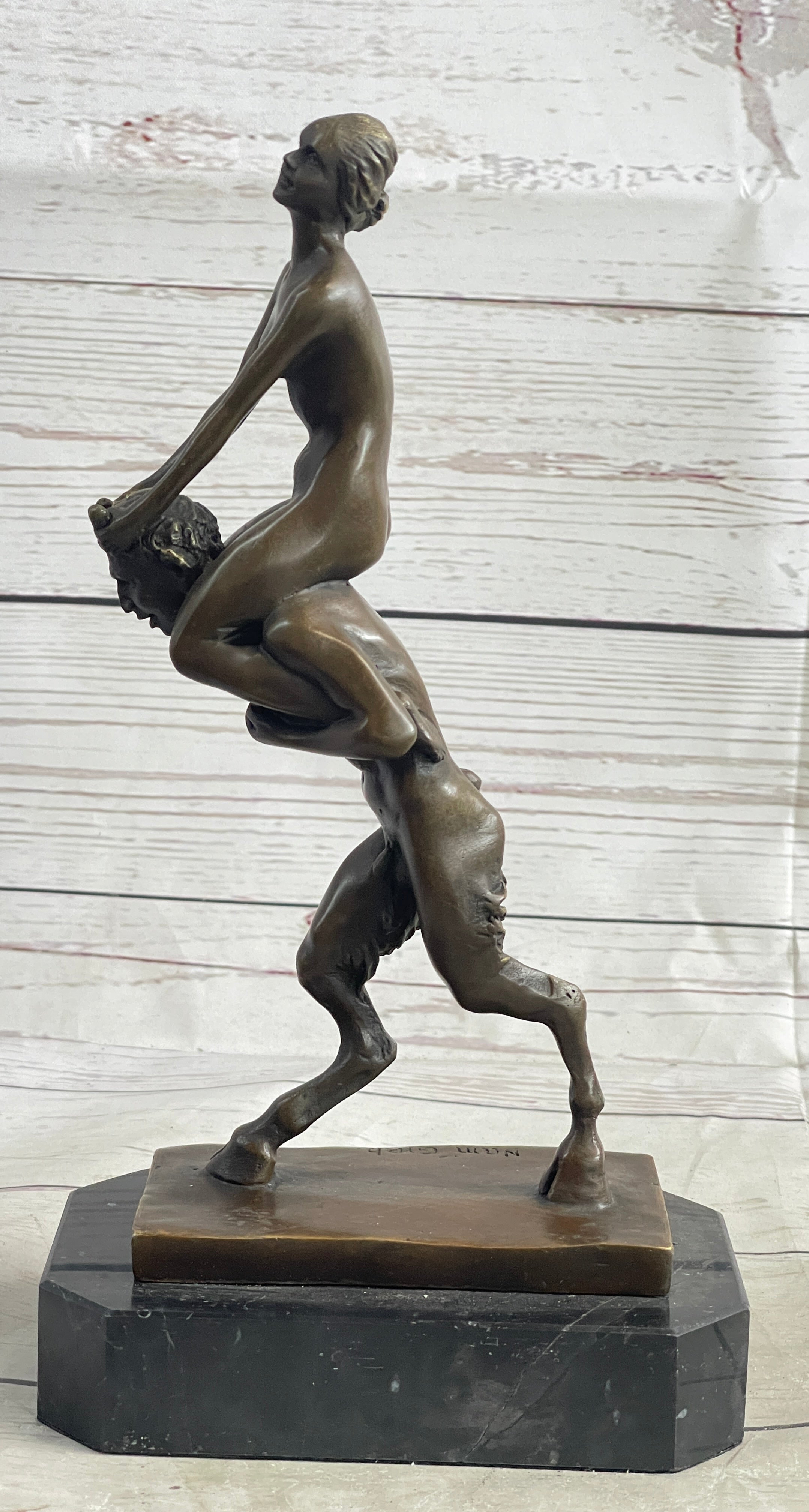Bronze Erotic Nude Nymph Girl and Satyr Fawn Faun Sculpture Statue on Marble Base