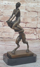 Nude Female Figure on Shoulders of a Satyr Fawn Mythological Bronze Sculpture