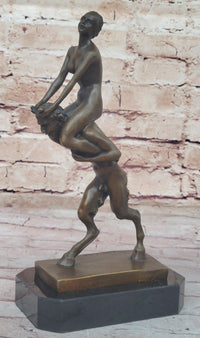 Nude Female Figure on Shoulders of a Satyr Fawn Mythological Bronze Sculpture