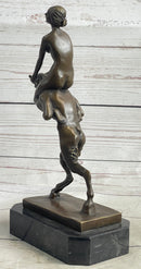 Bronze Erotic Nude Nymph Girl and Satyr Fawn Faun Sculpture Statue on Marble Base