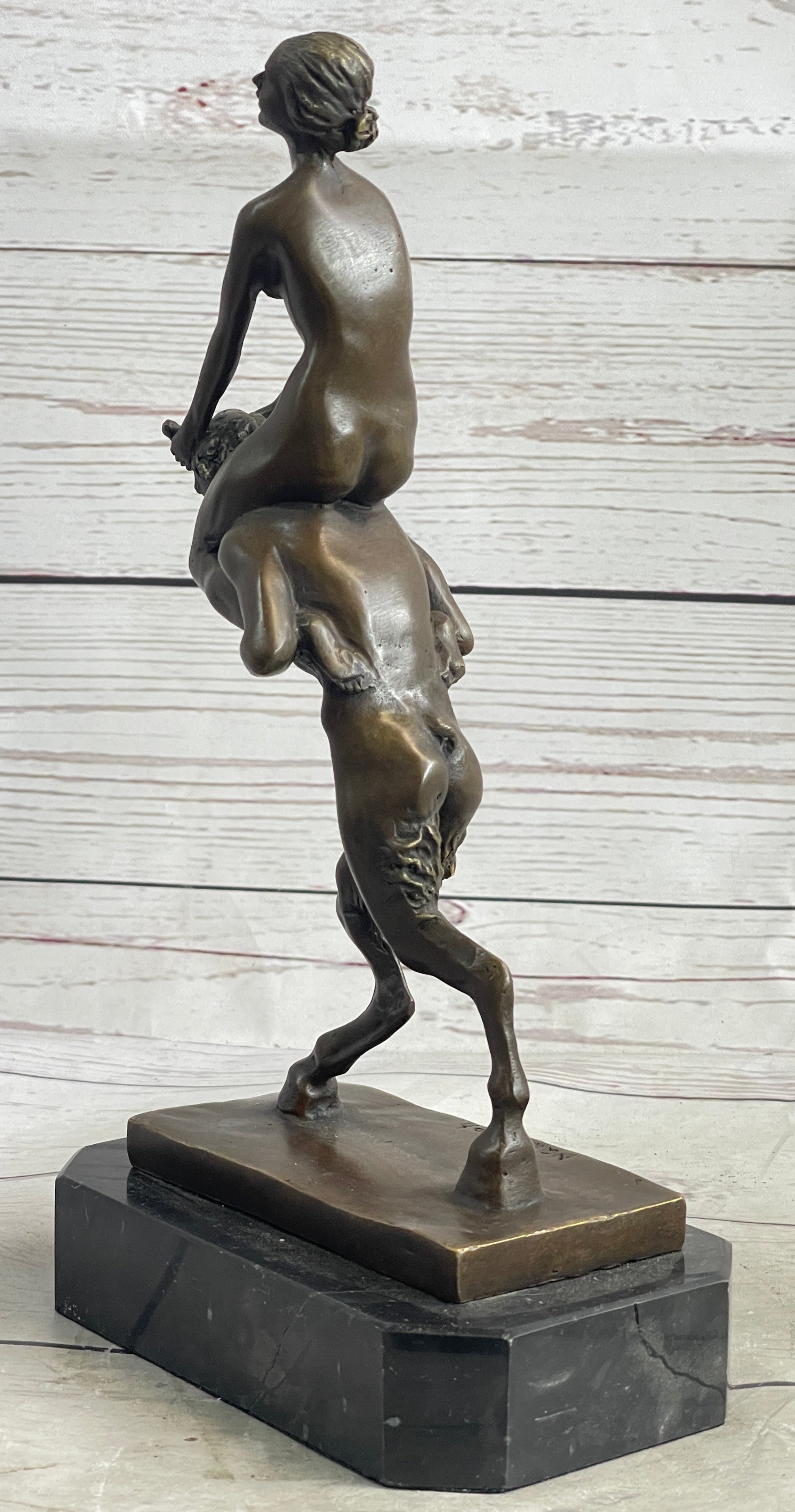 Bronze Erotic Nude Nymph Girl and Satyr Fawn Faun Sculpture Statue on Marble Base