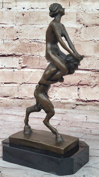Nude Female Figure on Shoulders of a Satyr Fawn Mythological Bronze Sculpture