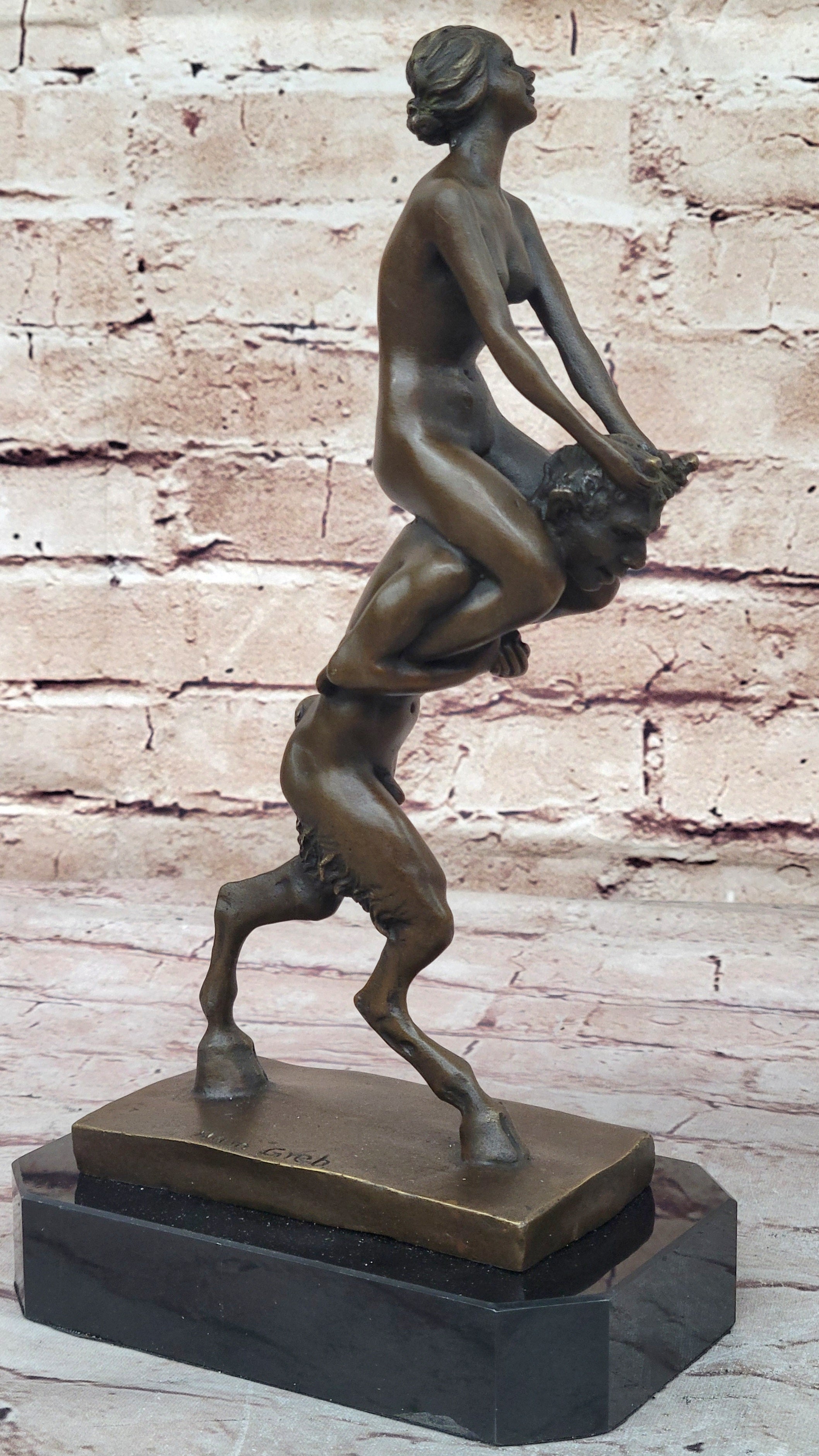 Nude Female Figure on Shoulders of a Satyr Fawn Mythological Bronze Sculpture