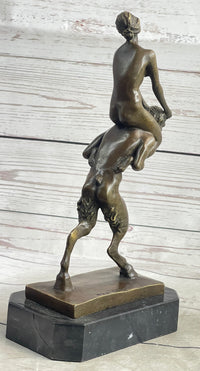 Bronze Erotic Nude Nymph Girl and Satyr Fawn Faun Sculpture Statue on Marble Base