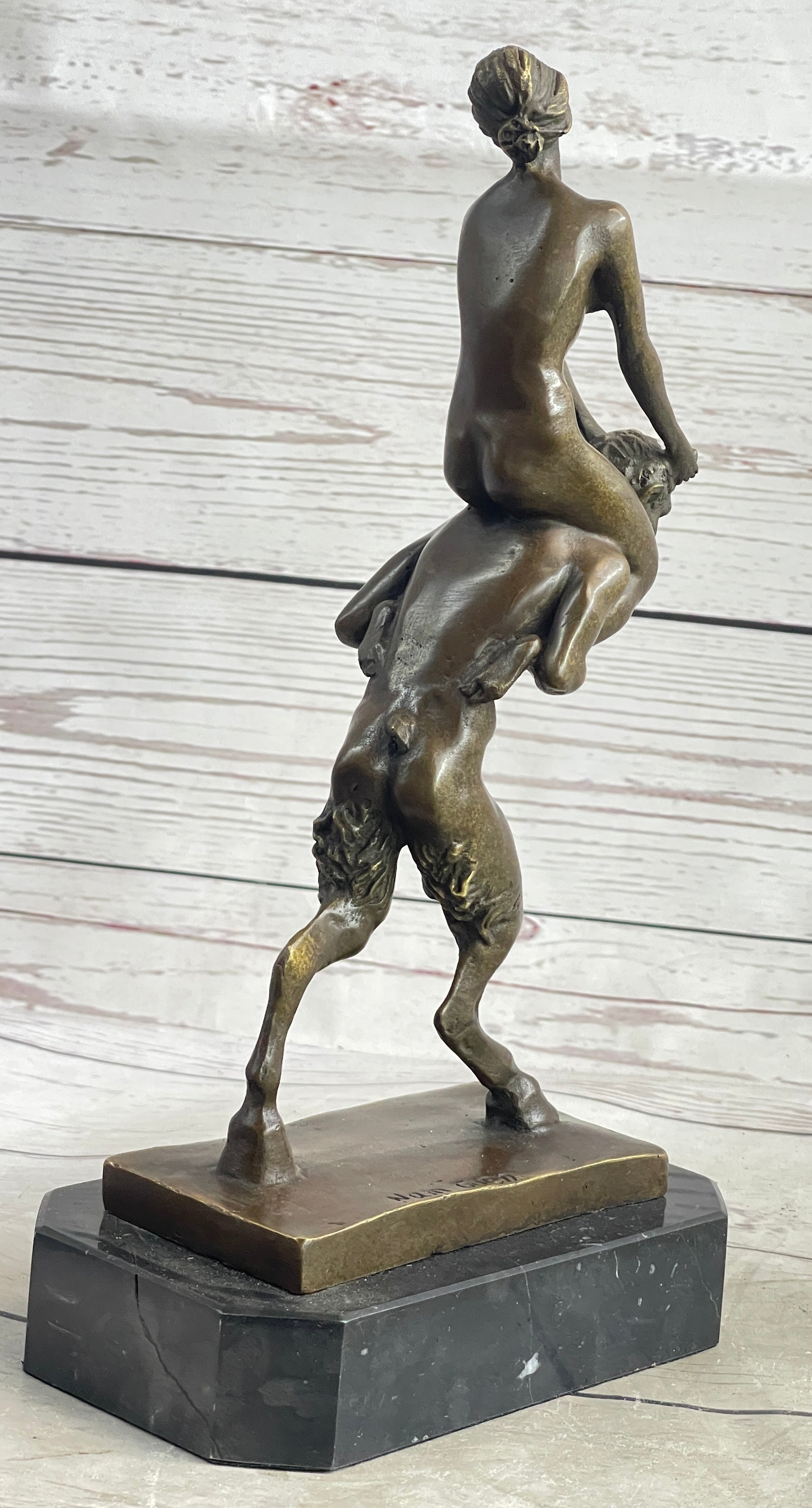 Bronze Erotic Nude Nymph Girl and Satyr Fawn Faun Sculpture Statue on Marble Base