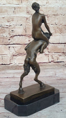 Nude Female Figure on Shoulders of a Satyr Fawn Mythological Bronze Sculpture