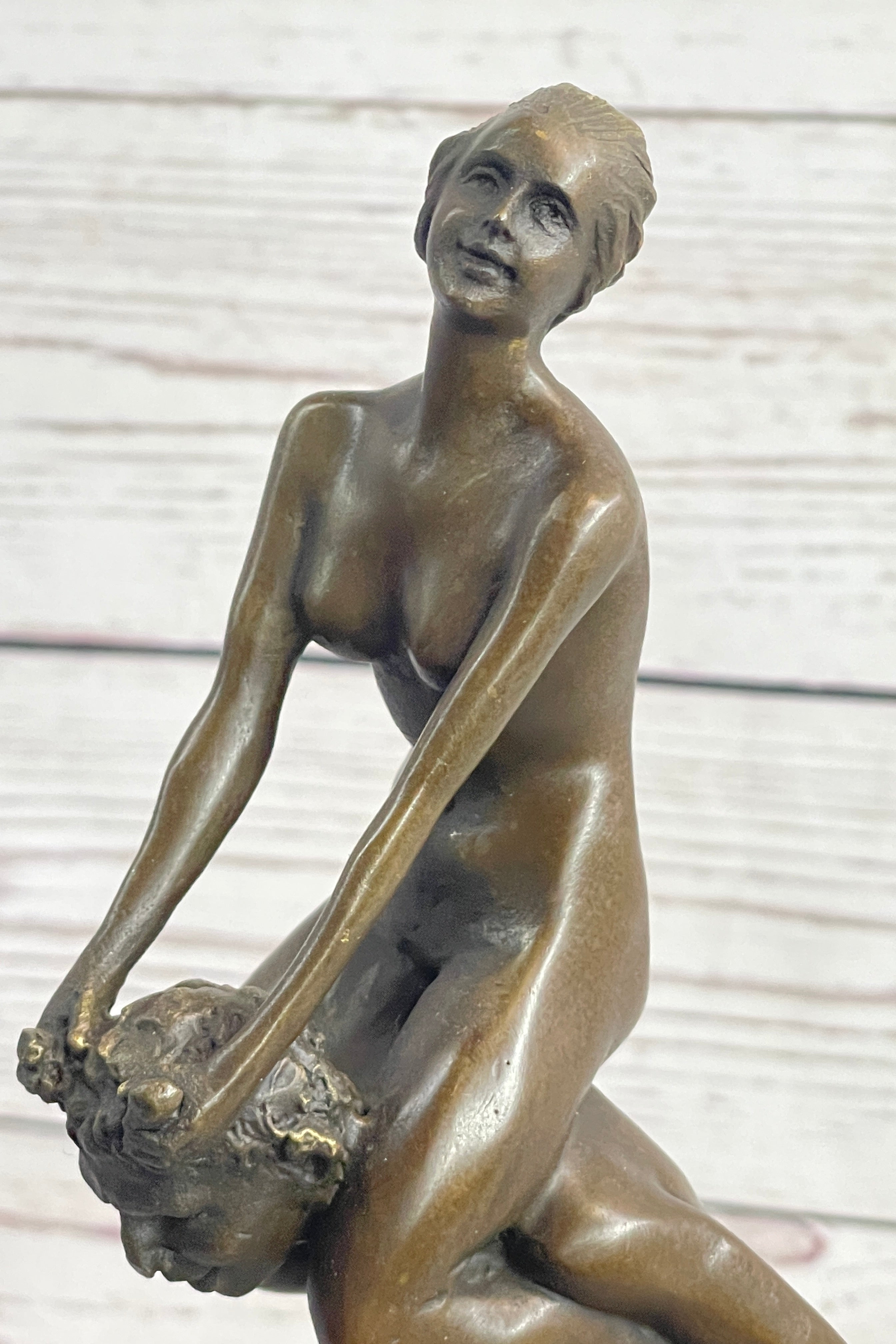Bronze Erotic Nude Nymph Girl and Satyr Fawn Faun Sculpture Statue on Marble Base