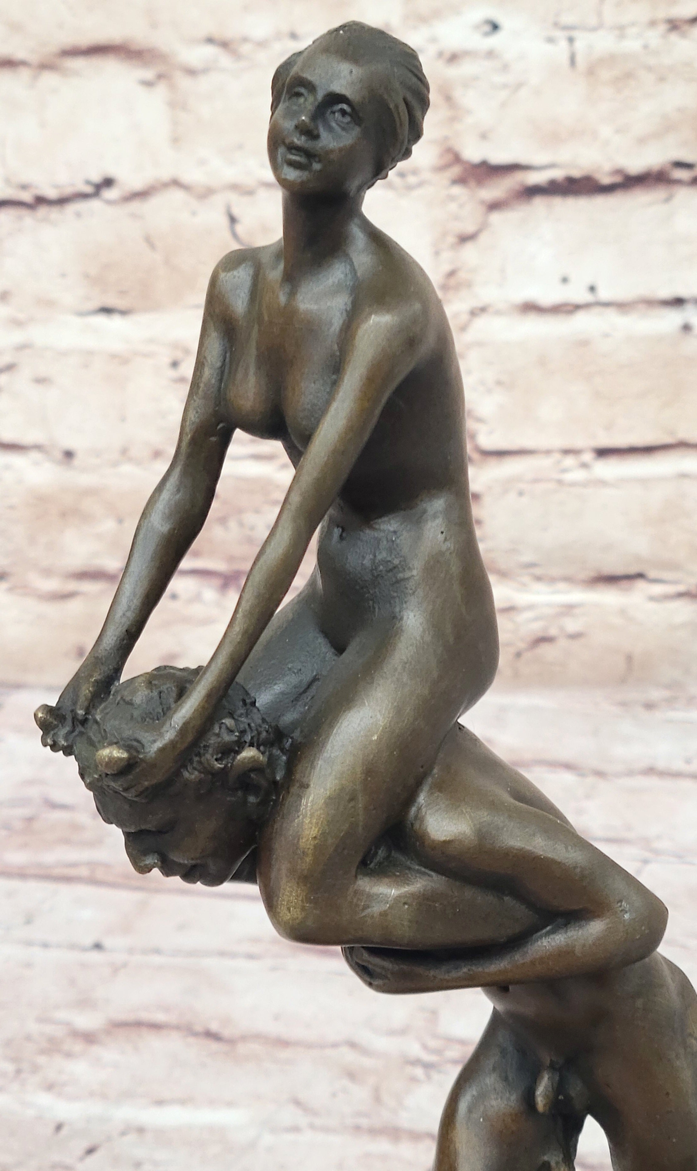 Nude Female Figure on Shoulders of a Satyr Fawn Mythological Bronze Sculpture