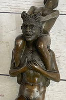 Bronze Erotic Nude Nymph Girl and Satyr Fawn Faun Sculpture Statue on Marble Base