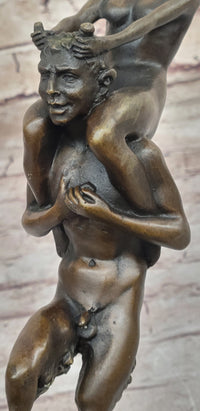 Nude Female Figure on Shoulders of a Satyr Fawn Mythological Bronze Sculpture