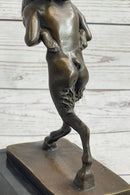 Bronze Erotic Nude Nymph Girl and Satyr Fawn Faun Sculpture Statue on Marble Base