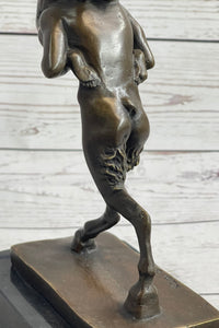 Bronze Erotic Nude Nymph Girl and Satyr Fawn Faun Sculpture Statue on Marble Base