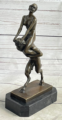 Bronze Erotic Nude Nymph Girl and Satyr Fawn Faun Sculpture Statue on Marble Base