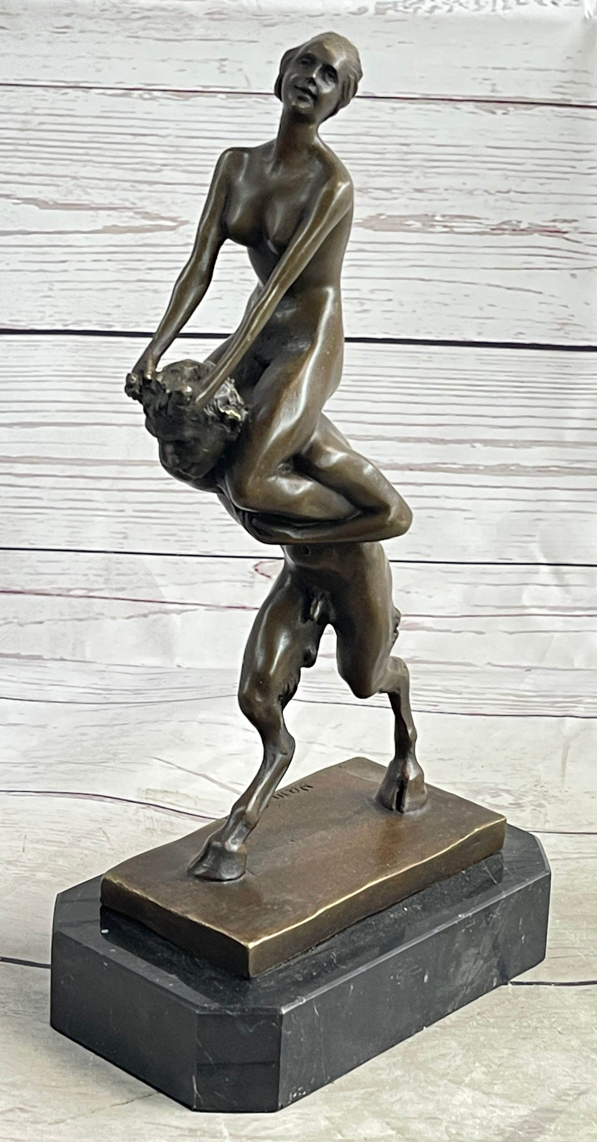 Bronze Erotic Nude Nymph Girl and Satyr Fawn Faun Sculpture Statue on Marble Base