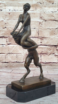 Nude Female Figure on Shoulders of a Satyr Fawn Mythological Bronze Sculpture