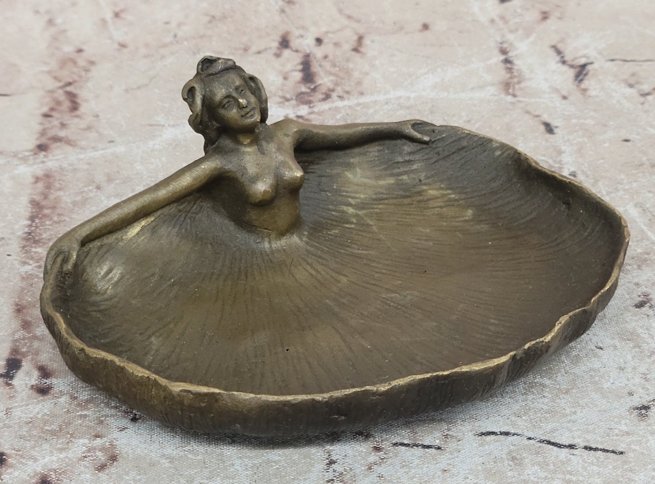 Art Nouveau Bronze Nude Lady Dish Sculpture – Decorative Trinket Bowl