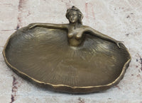 Art Nouveau Bronze Nude Lady Dish Sculpture – Decorative Trinket Bowl
