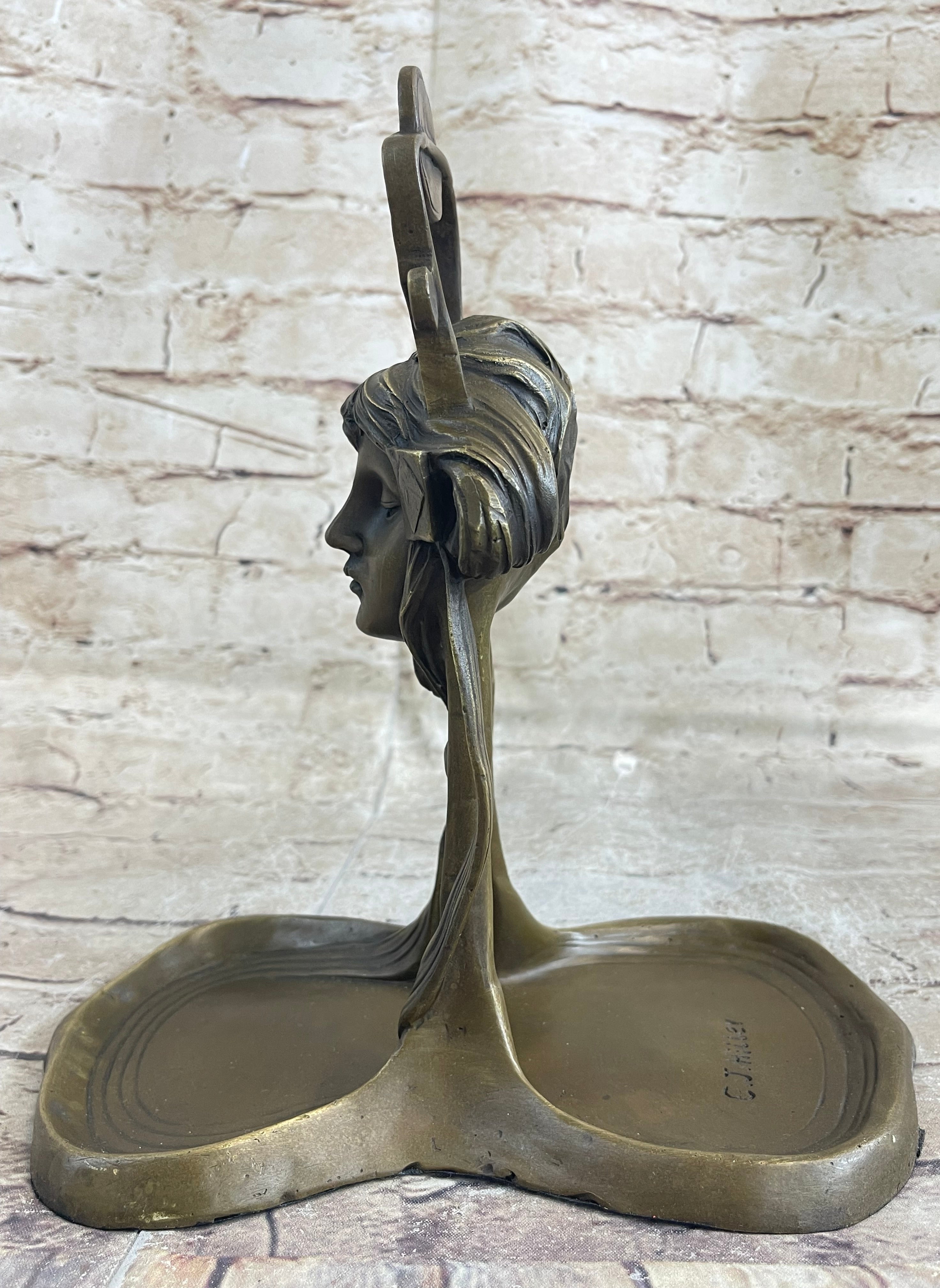 Art Nouveau Candy Soap Dish Bronze Figural Face Sculpture