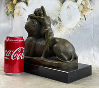 T. Herlinger (1904) Egyptian Sphinx w/ Nude Girl Art Deco Bronze Statue Sculpture 10" x 12"
