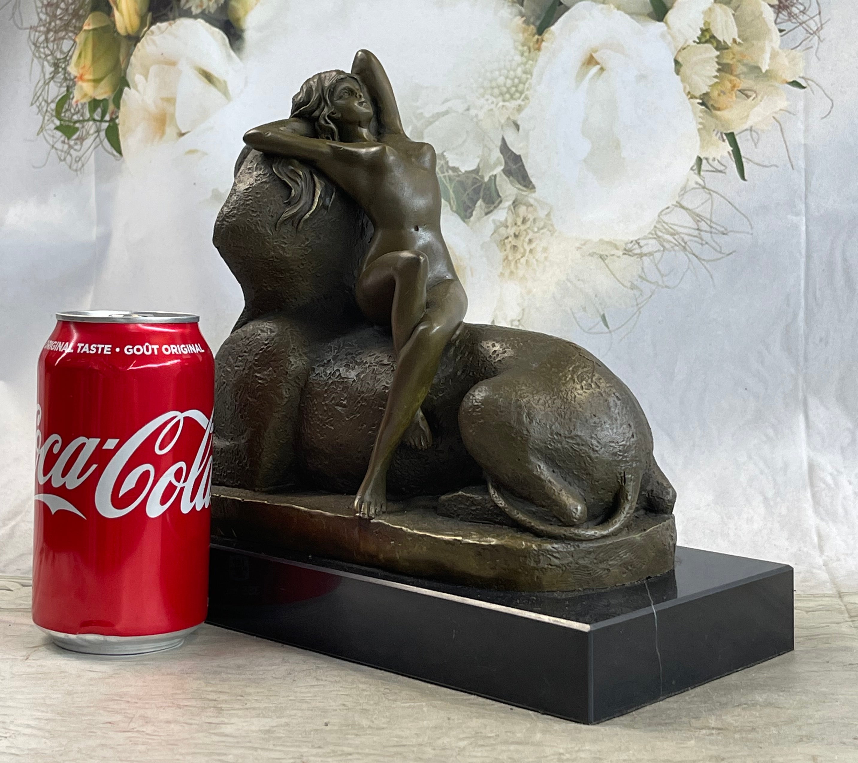 T. Herlinger (1904) Egyptian Sphinx w/ Nude Girl Art Deco Bronze Statue Sculpture 10" x 12"