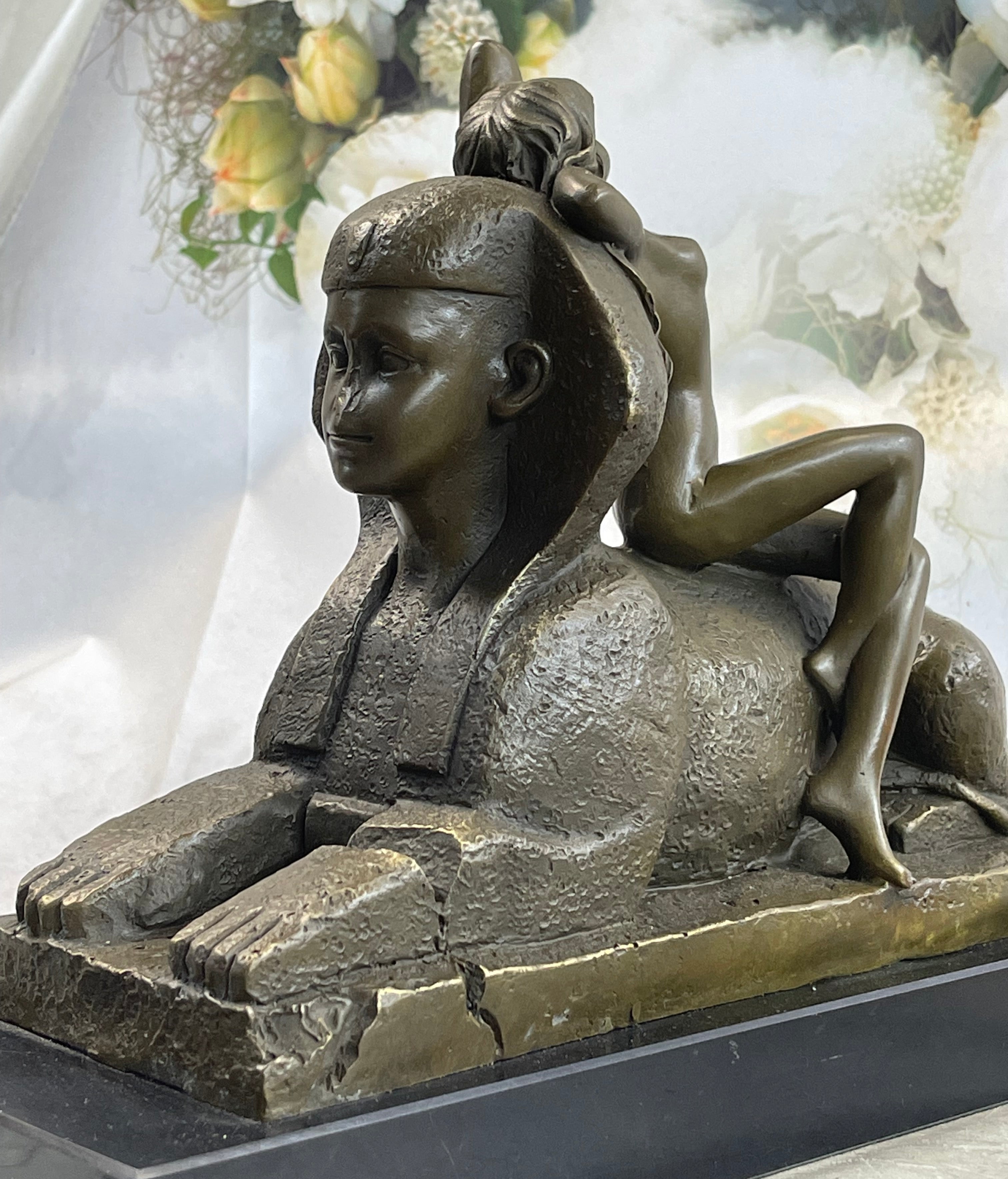 T. Herlinger (1904) Egyptian Sphinx w/ Nude Girl Art Deco Bronze Statue Sculpture 10" x 12"