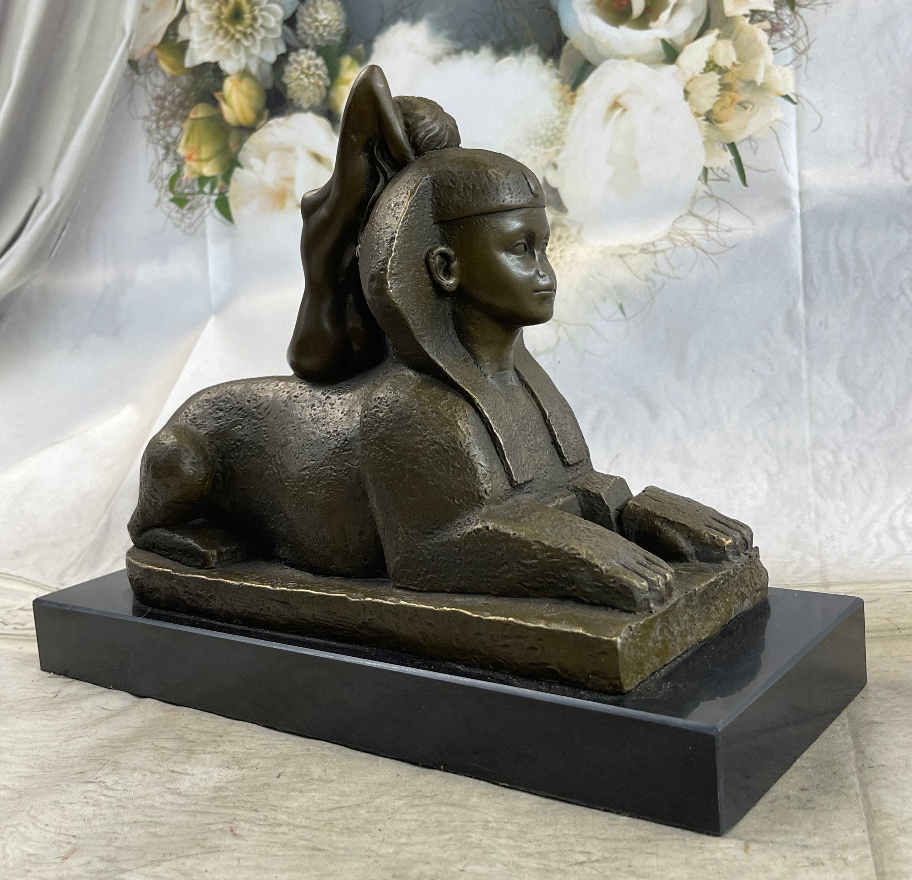 T. Herlinger (1904) Egyptian Sphinx w/ Nude Girl Art Deco Bronze Statue Sculpture 10" x 12"