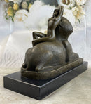 T. Herlinger (1904) Egyptian Sphinx w/ Nude Girl Art Deco Bronze Statue Sculpture 10" x 12"