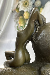 T. Herlinger (1904) Egyptian Sphinx w/ Nude Girl Art Deco Bronze Statue Sculpture 10" x 12"