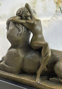 T. Herlinger (1904) Egyptian Sphinx w/ Nude Girl Art Deco Bronze Statue Sculpture 10" x 12"