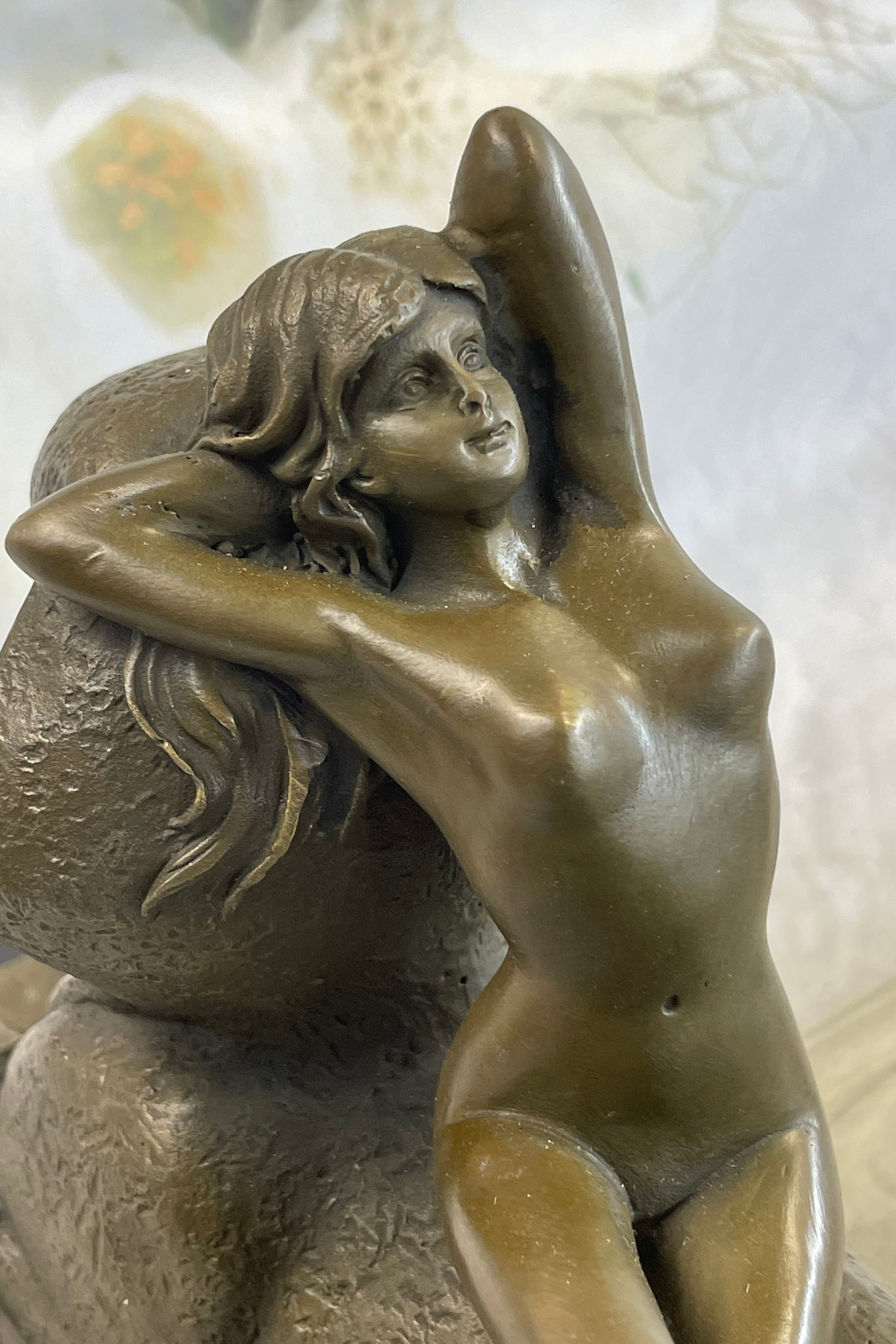 T. Herlinger (1904) Egyptian Sphinx w/ Nude Girl Art Deco Bronze Statue Sculpture 10" x 12"