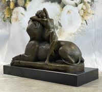 T. Herlinger (1904) Egyptian Sphinx w/ Nude Girl Art Deco Bronze Statue Sculpture 10" x 12"