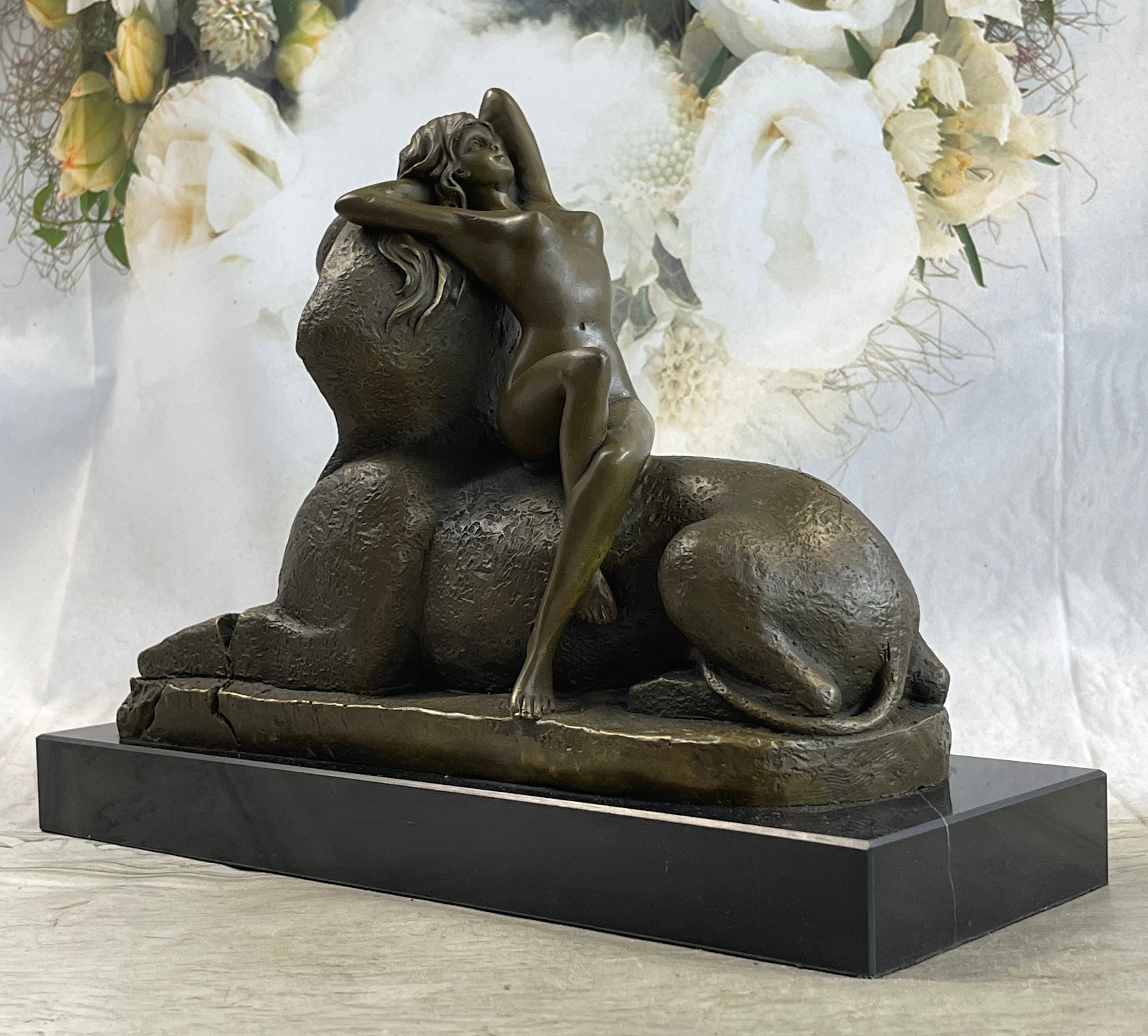 T. Herlinger (1904) Egyptian Sphinx w/ Nude Girl Art Deco Bronze Statue Sculpture 10" x 12"
