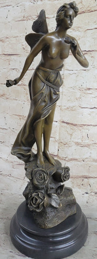 Nude Fairy Angel Nymph Girl Female Figure Holding Rose Bronze Statue Sculpture on Marble Base