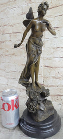 Nude Fairy Angel Nymph Girl Female Figure Holding Rose Bronze Statue Sculpture on Marble Base