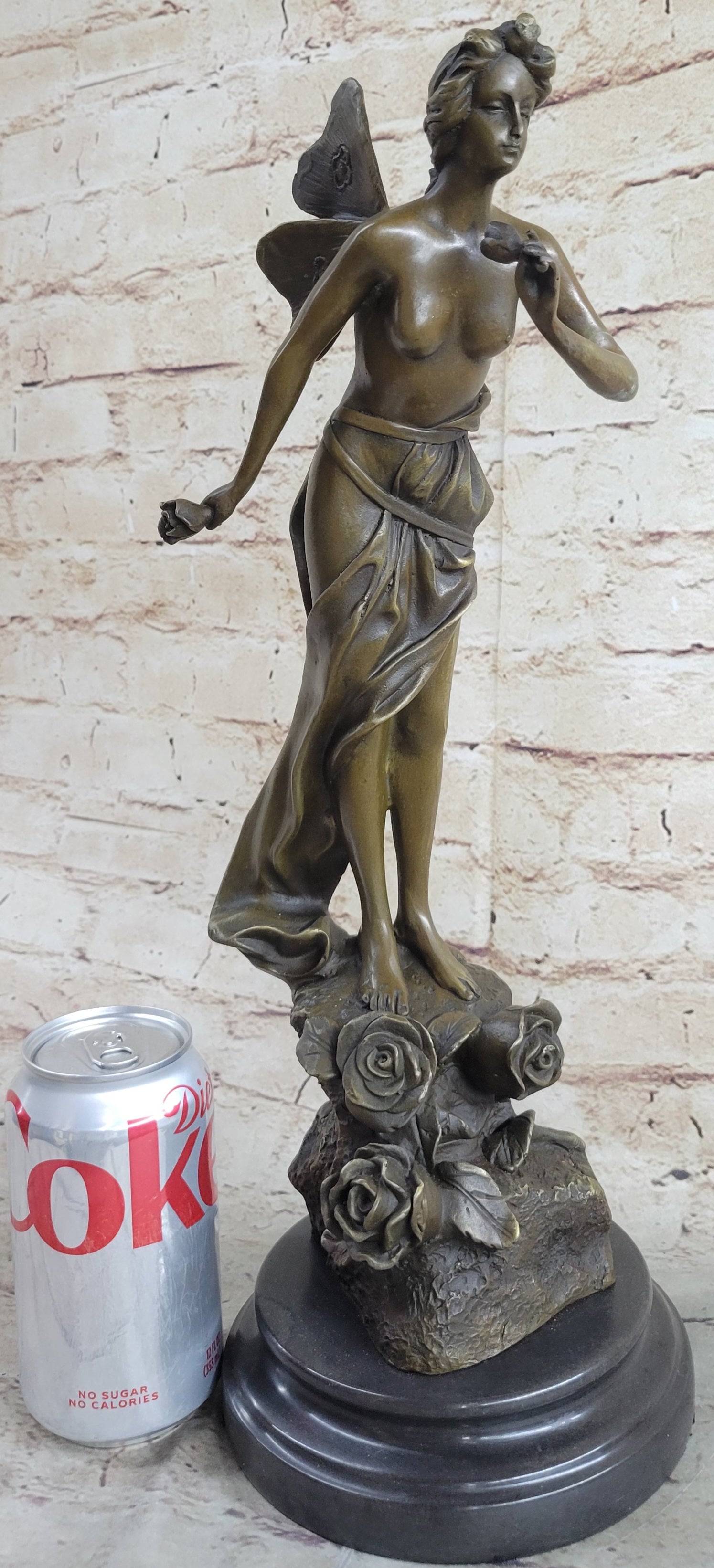 Nude Fairy Angel Nymph Girl Female Figure Holding Rose Bronze Statue Sculpture on Marble Base