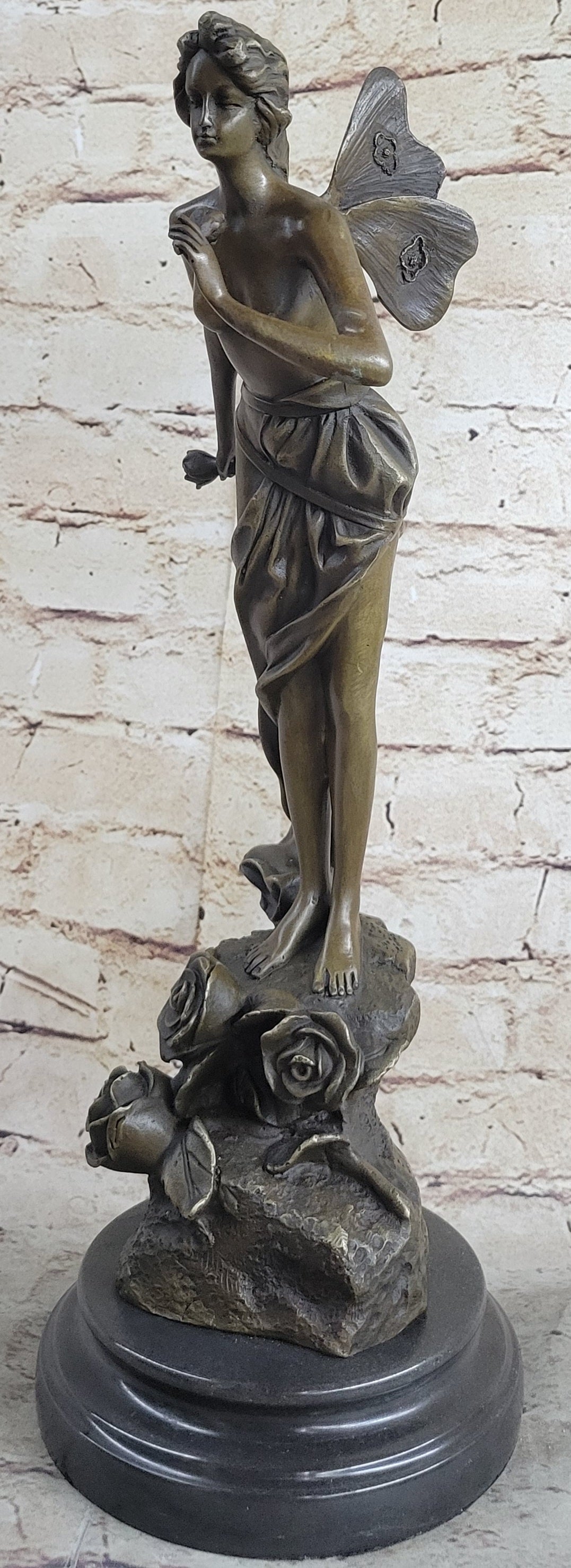 Nude Fairy Angel Nymph Girl Female Figure Holding Rose Bronze Statue Sculpture on Marble Base