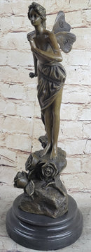 Nude Fairy Angel Nymph Girl Female Figure Holding Rose Bronze Statue Sculpture on Marble Base