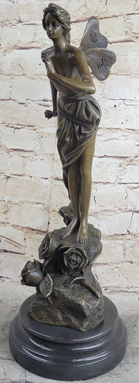 Nude Fairy Angel Nymph Girl Female Figure Holding Rose Bronze Statue Sculpture on Marble Base