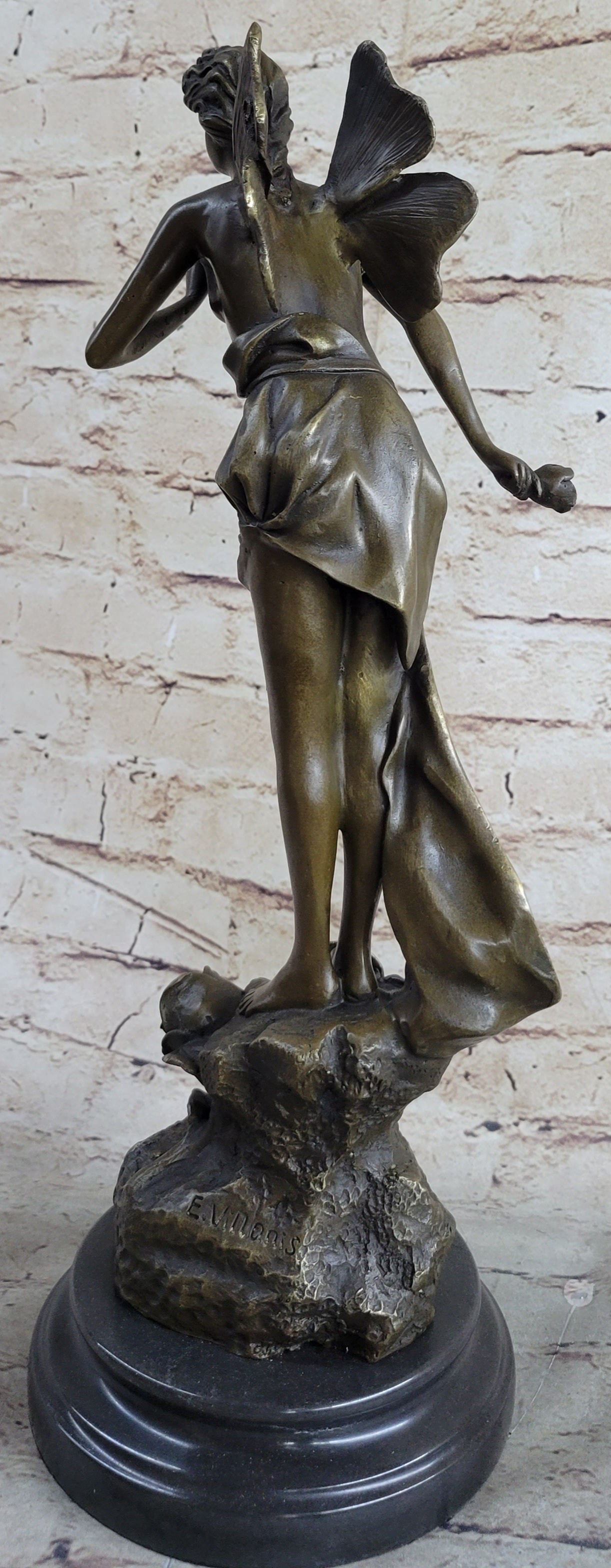 Nude Fairy Angel Nymph Girl Female Figure Holding Rose Bronze Statue Sculpture on Marble Base