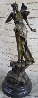 Nude Fairy Angel Nymph Girl Female Figure Holding Rose Bronze Statue Sculpture on Marble Base