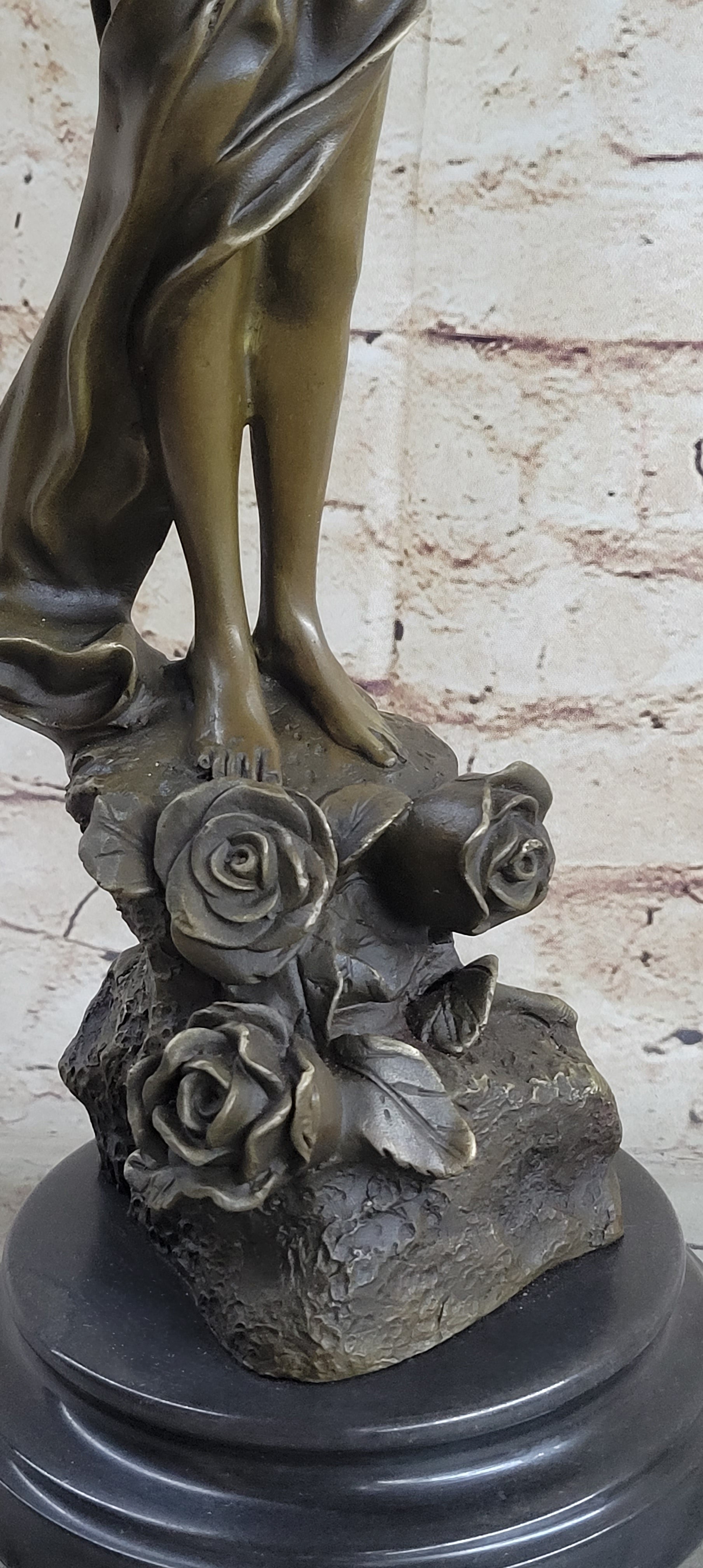 Nude Fairy Angel Nymph Girl Female Figure Holding Rose Bronze Statue Sculpture on Marble Base