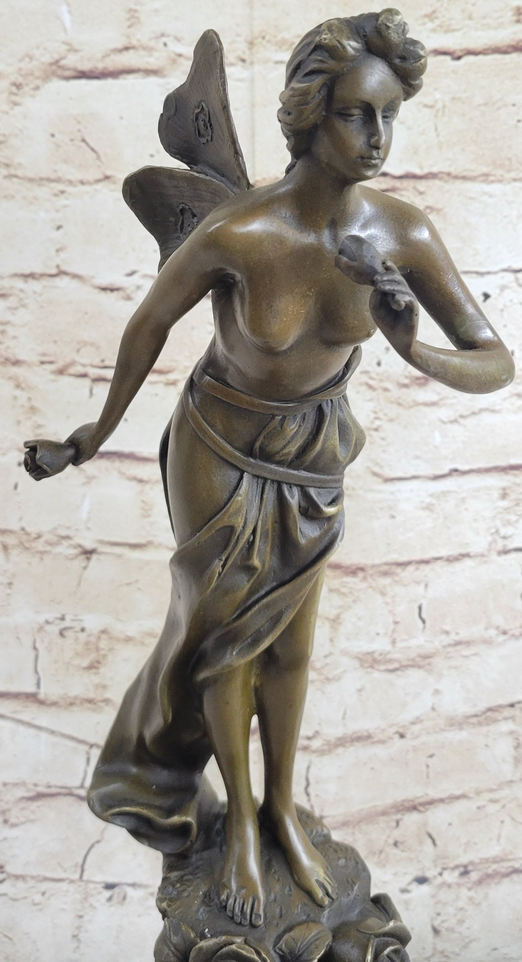 Nude Fairy Angel Nymph Girl Female Figure Holding Rose Bronze Statue Sculpture on Marble Base