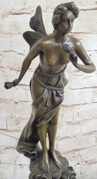 Nude Fairy Angel Nymph Girl Female Figure Holding Rose Bronze Statue Sculpture on Marble Base