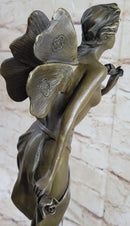 Nude Fairy Angel Nymph Girl Female Figure Holding Rose Bronze Statue Sculpture on Marble Base